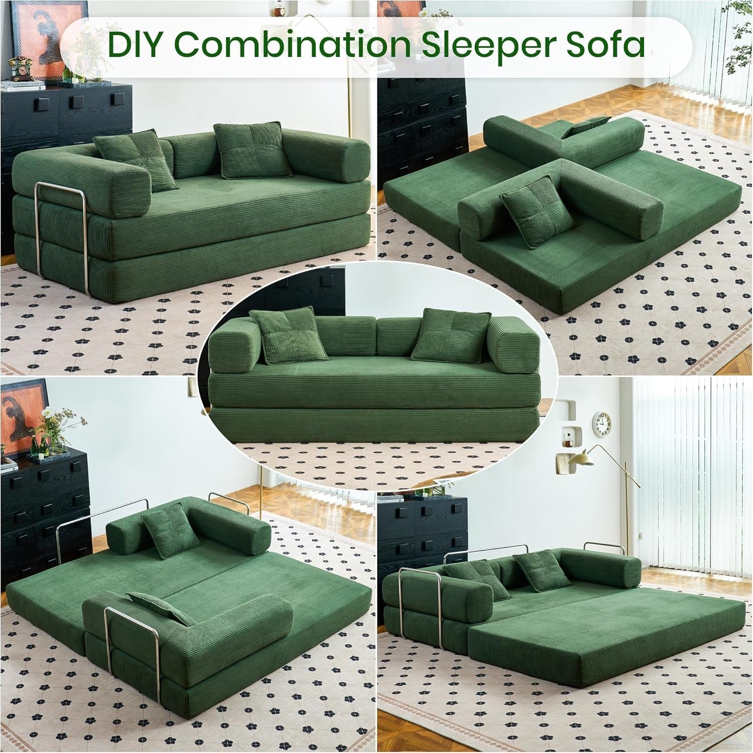 Convertible Floor Sofa Bed Comfy Corduroy Design Green-3