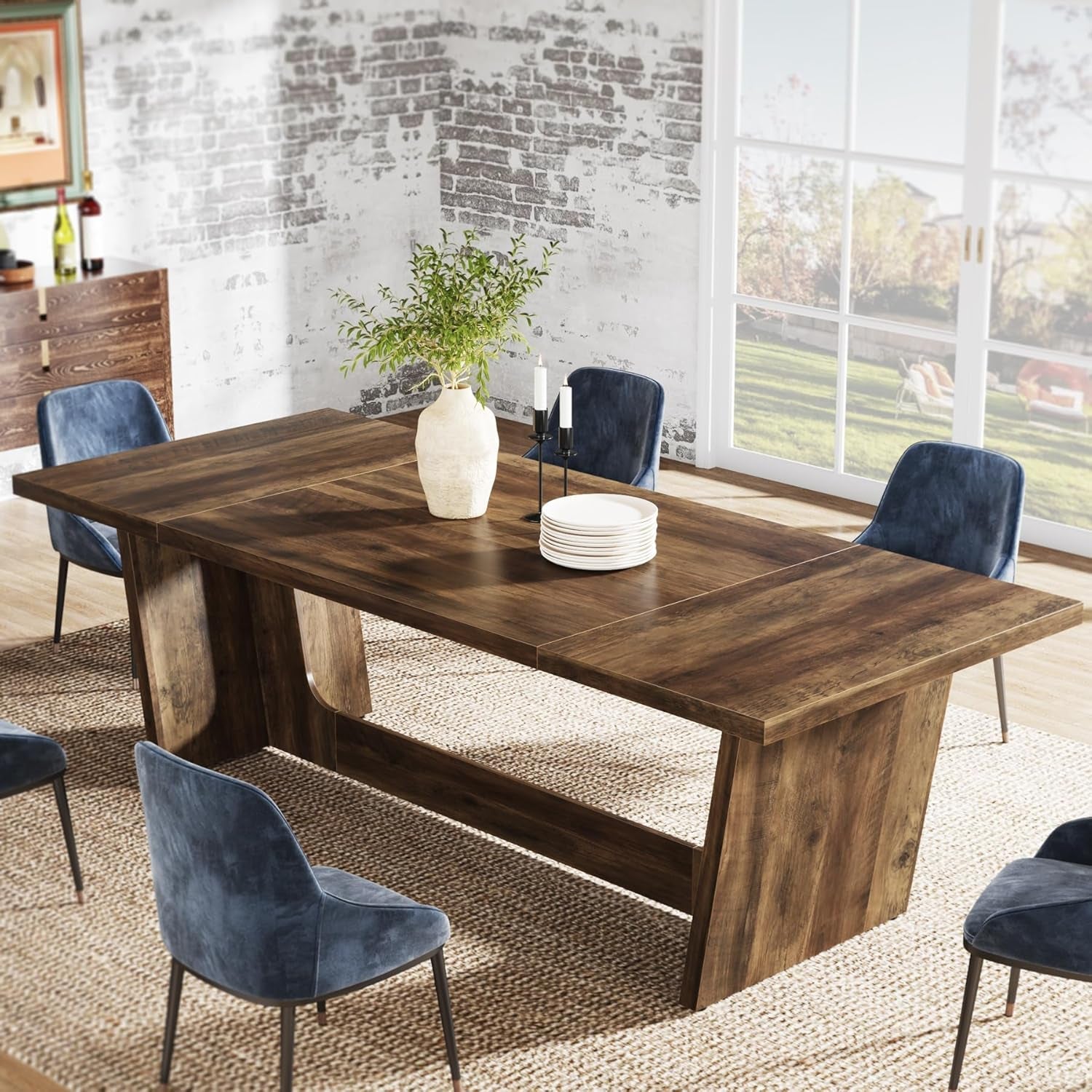 70.87-Inch Dining Room Table: Wood Large Dining Table for 6-8 People, Rectangular Farmhouse Kitchen Table with Solid Pedestal, Rustic Long Dinner Table for Big Family-2