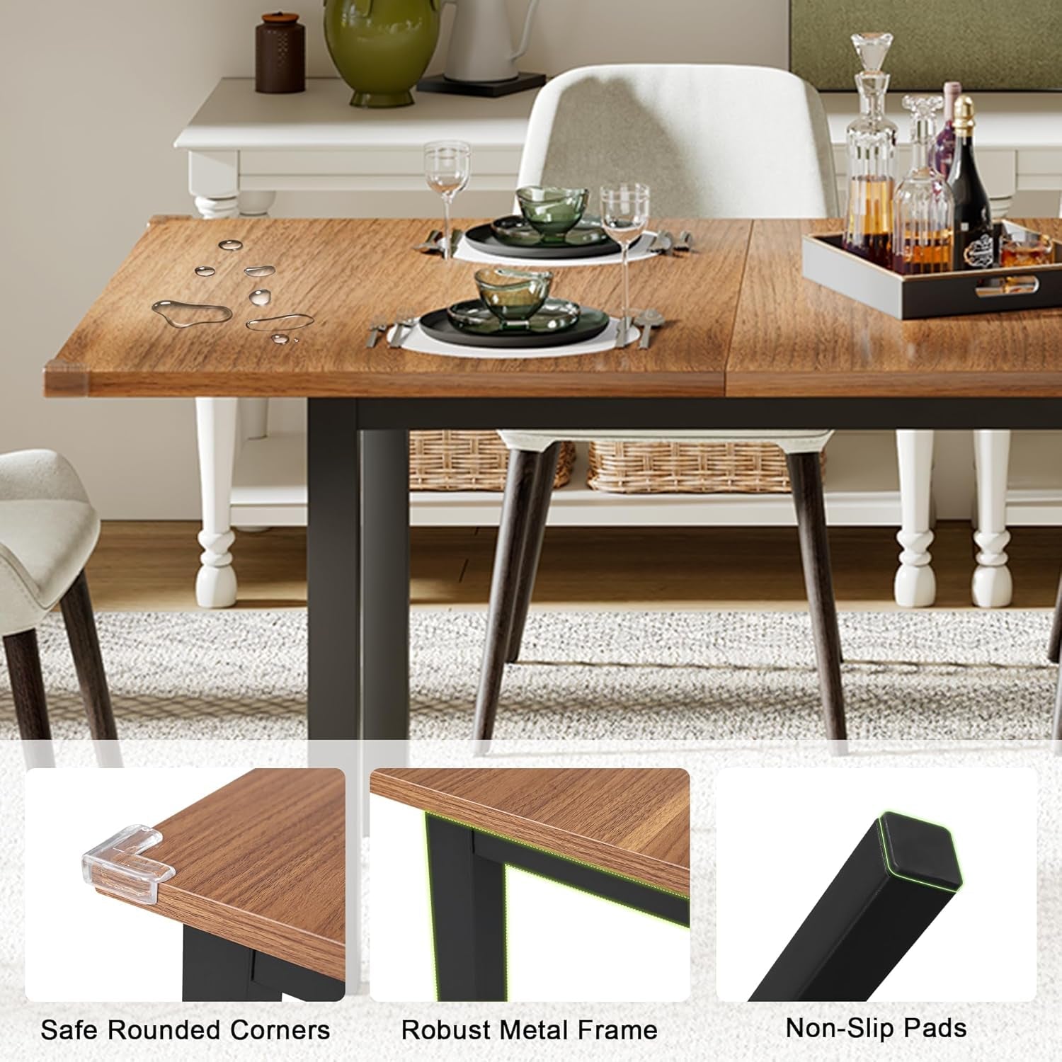 63" Extendable Dining Table, Modern Farmhouse Dining Room Table for 4-8, Wooden Kitchen Table for Small Space, Dining Room, Home Office, Living Room Furniture, Walnut-3