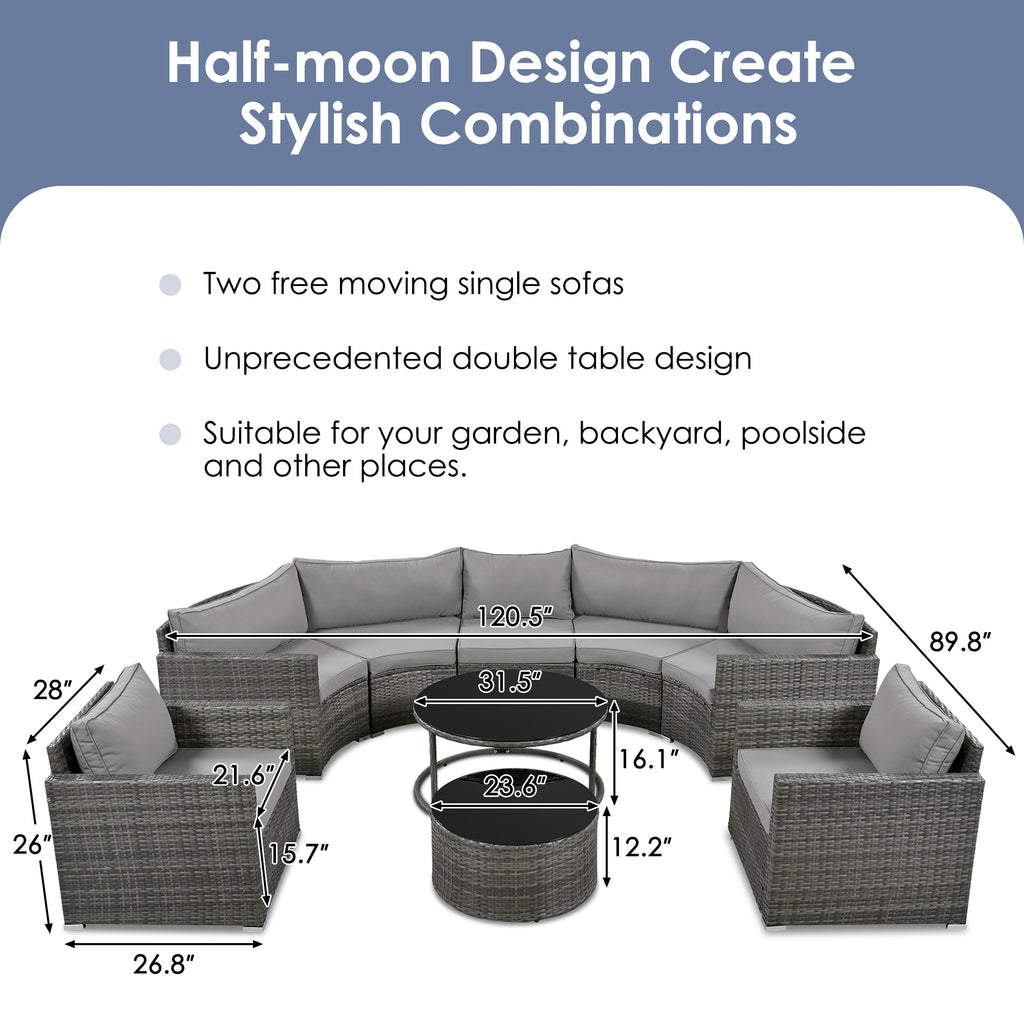 9-Piece Outdoor Half-Moon Patio Sofa Set