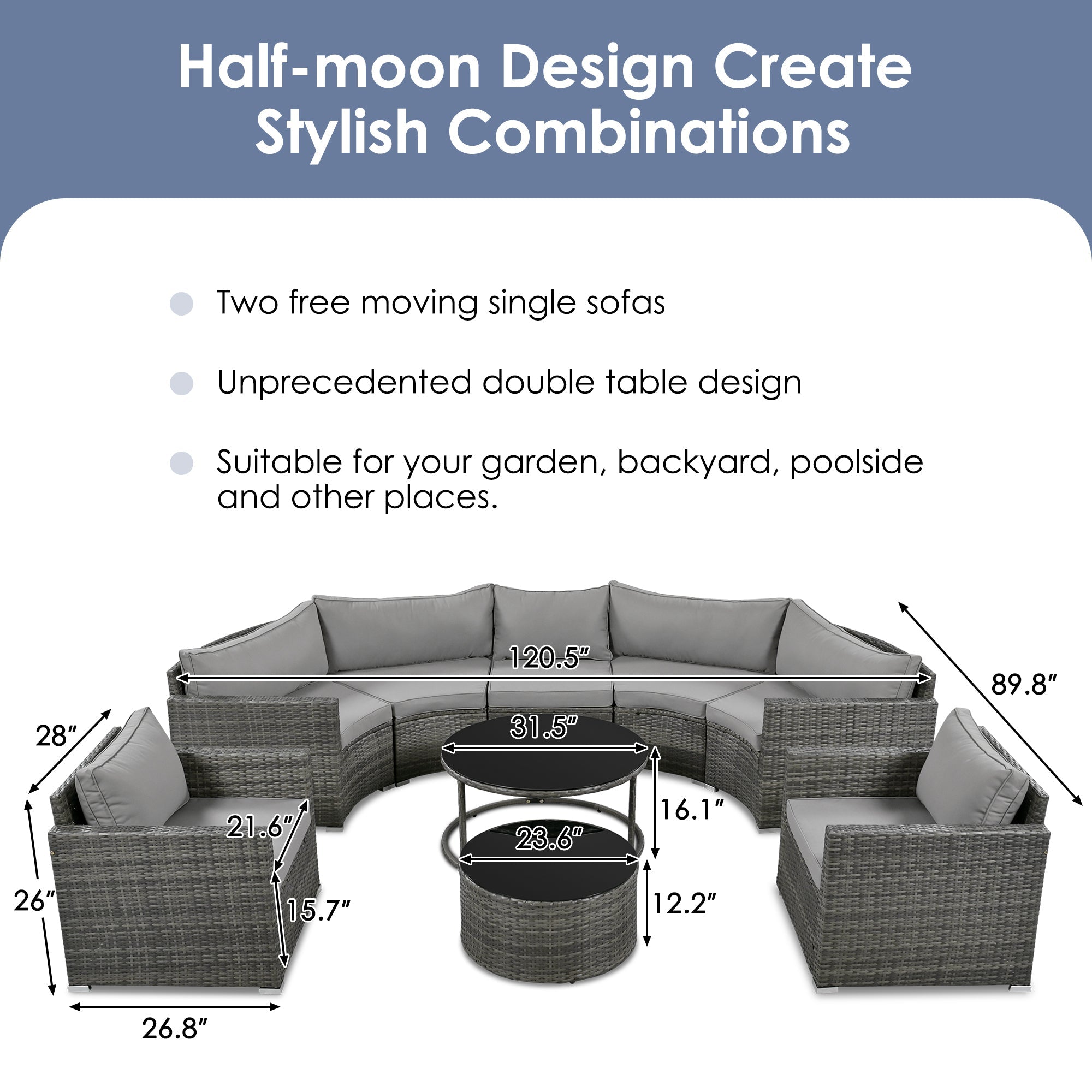 9-Piece Outdoor Half-Moon Patio Sofa Set