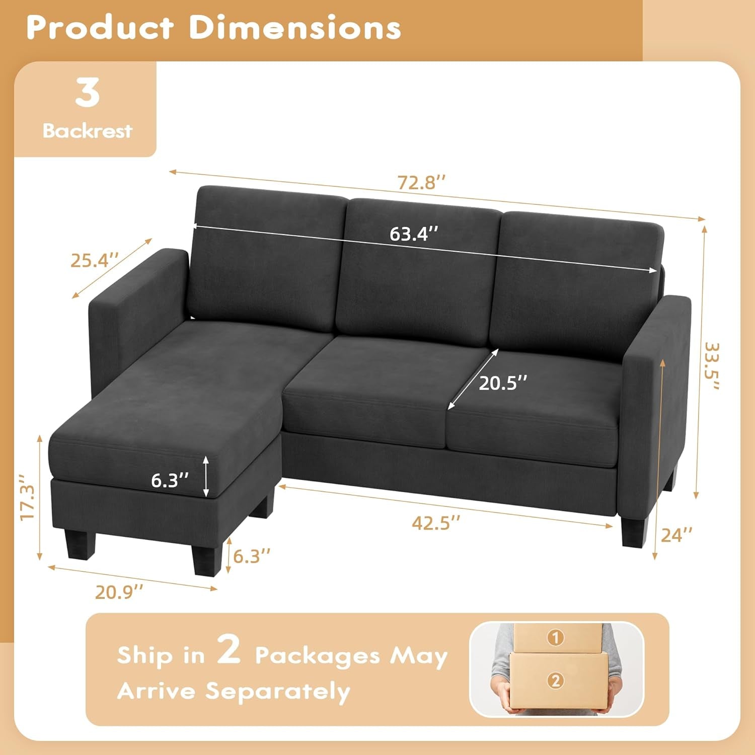 Dark Gray Linen Sectional Sofa for Small Spaces