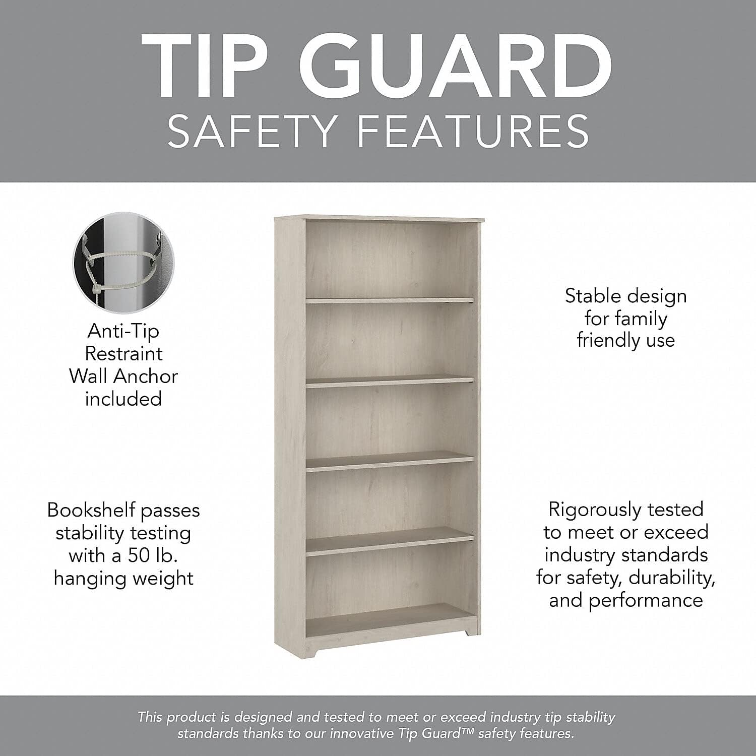 Tall 5 Shelf Bookcase in Linen White Oak Finish