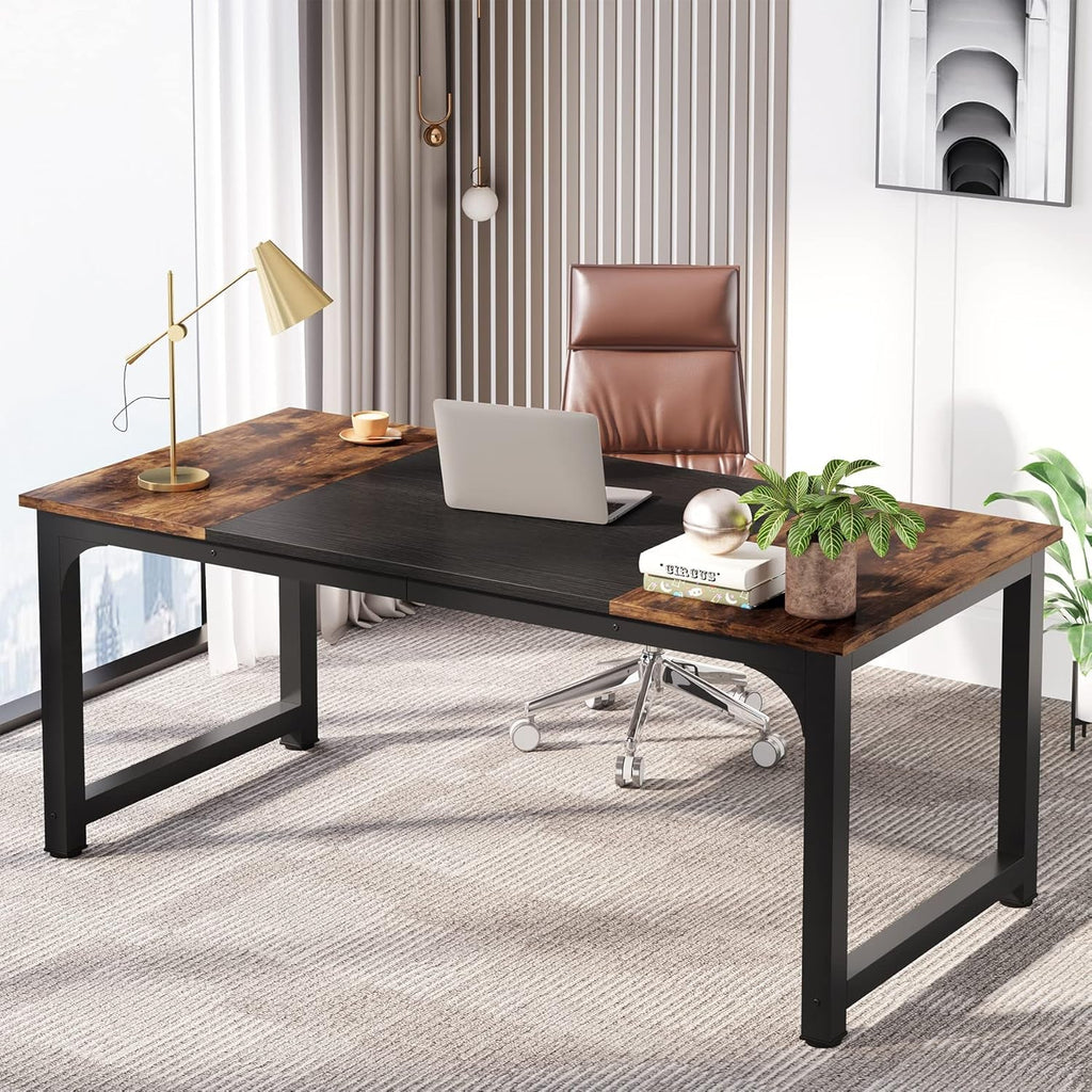 63 Inch Large Executive Computer Office Desk, Brown+Black-3