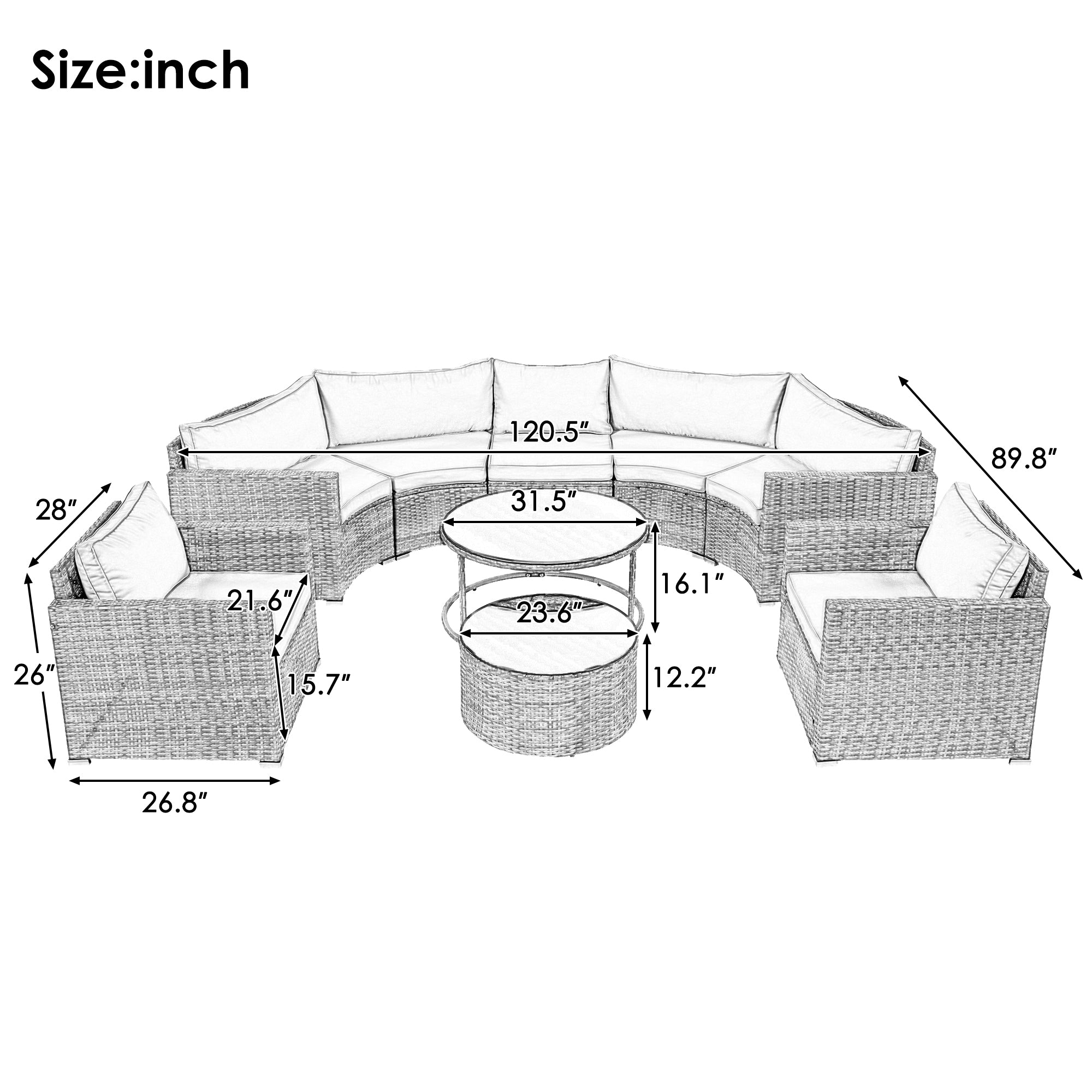 9-Piece Outdoor Half-Moon Patio Sofa Set
