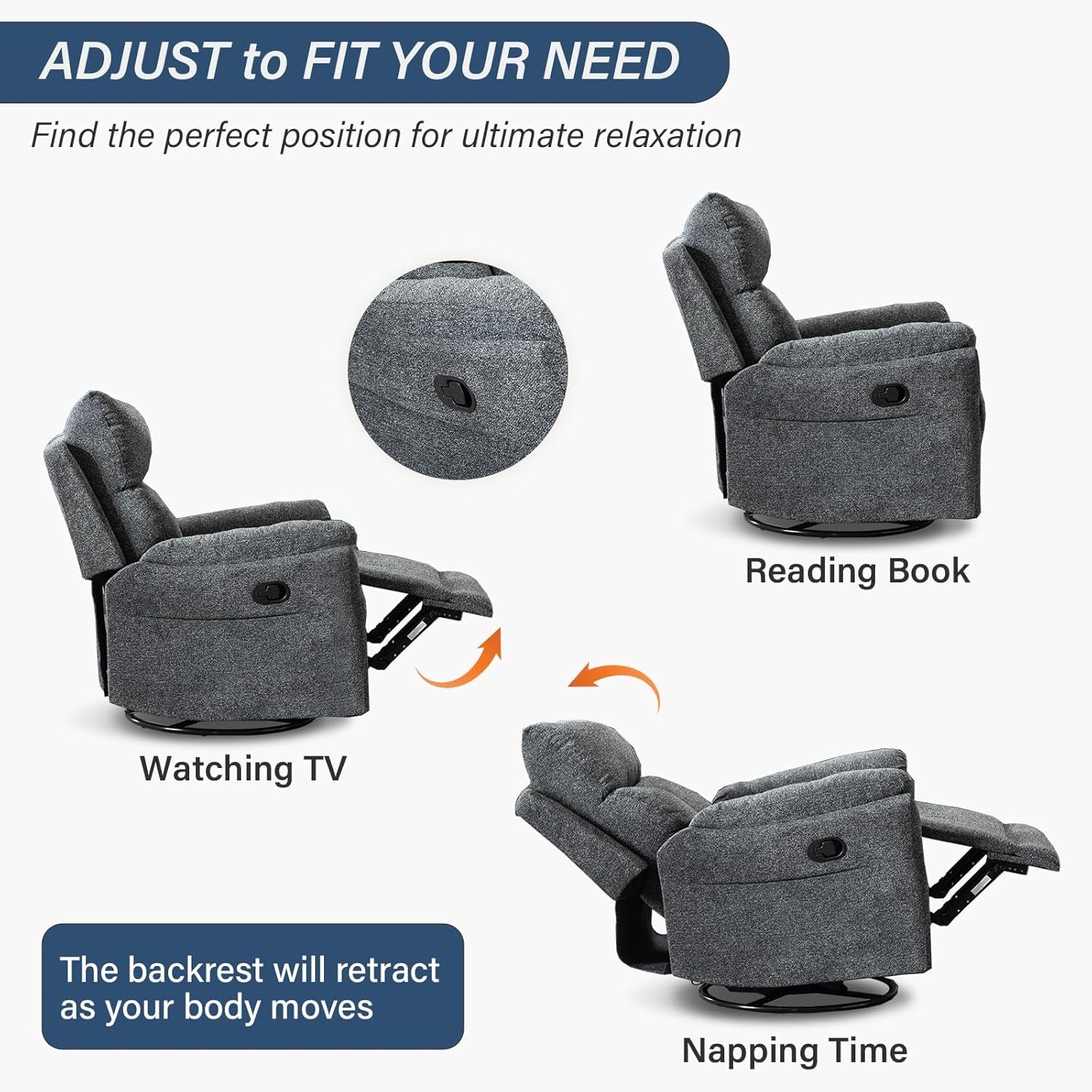 Swivel Rocker Recliner Chair Nursery, Manual Fabric Small Rocking