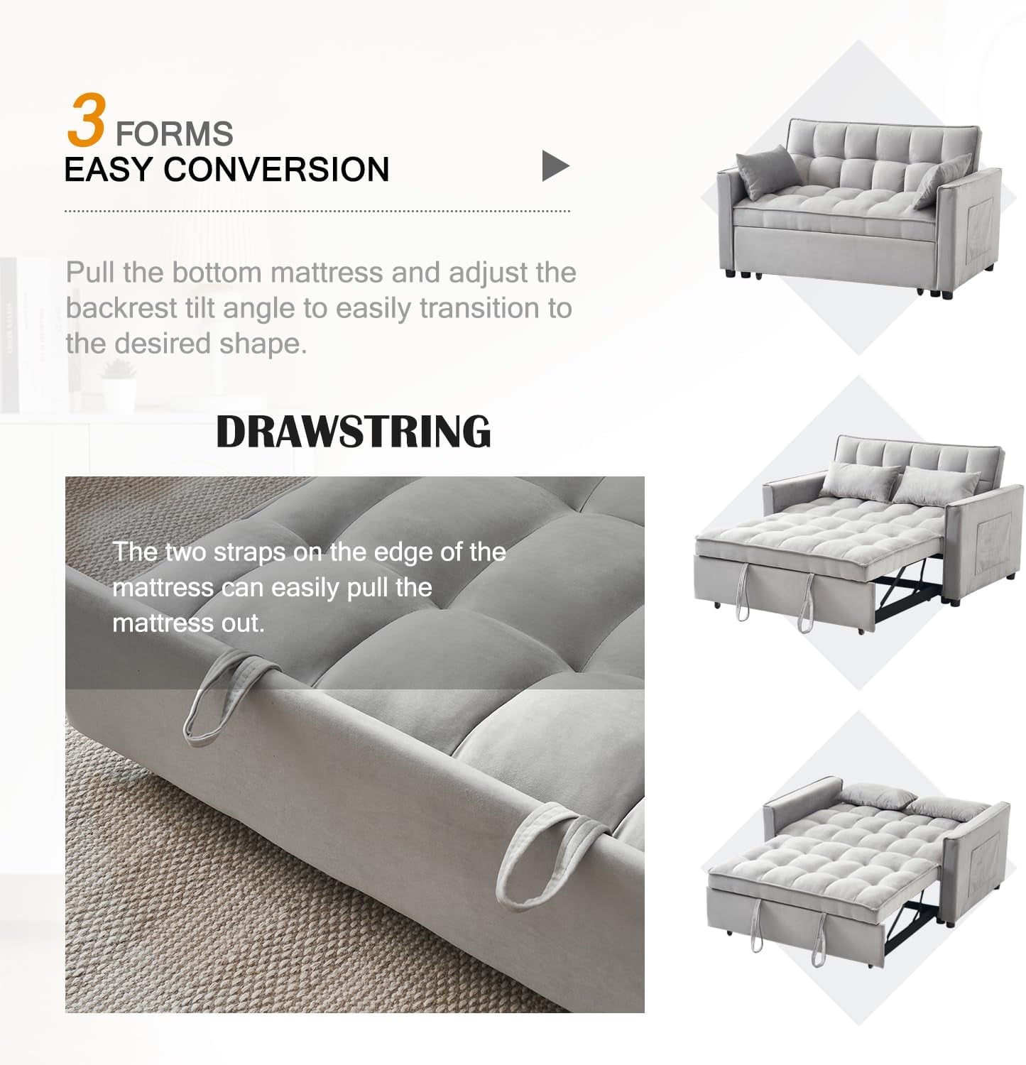 Modern 3 in 1 Sleeper Sofa Bed with Adjustable Backrest-4