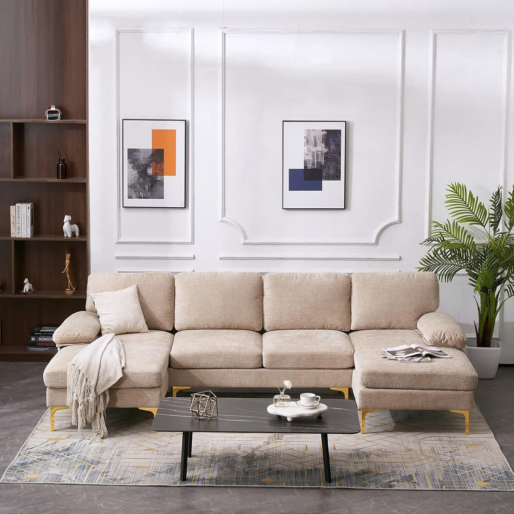 Convertible Sectional Sofa 110" U-Shape Sofa Couch 4-Seat Couch with Chaise Chenillefabric Upholstered for Living Room, Apartment, Office, Camel-2