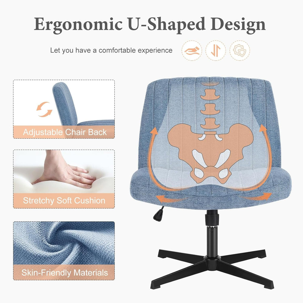 Criss Cross Chair Legged, Armless Office Desk Chair No Wheels, Swivel Vanity Chair, Height Adjustable Wide Seat Computer Task Chair, Fabric Vanity Modern Home Chair Blue-3