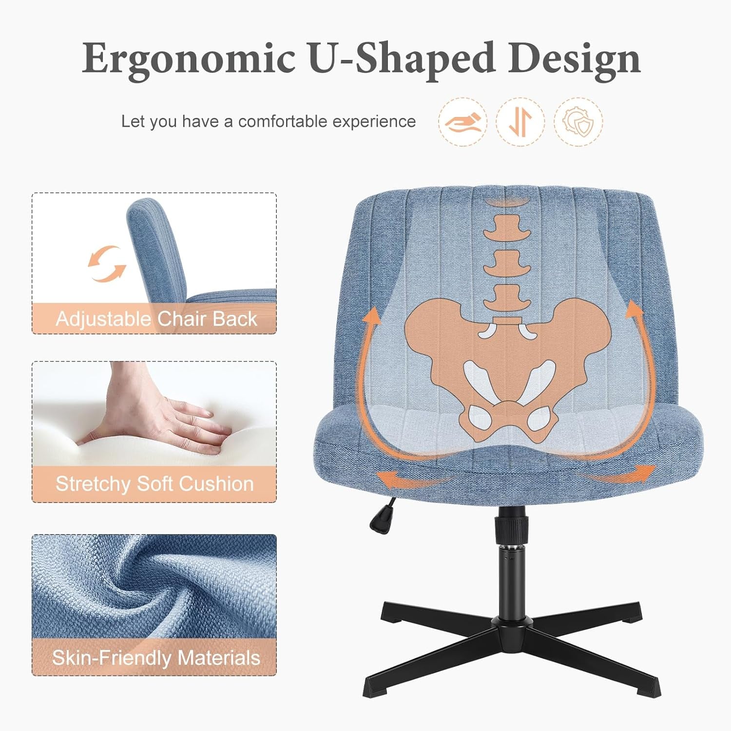 Criss Cross Chair Legged, Armless Office Desk Chair No Wheels, Swivel Vanity Chair, Height Adjustable Wide Seat Computer Task Chair, Fabric Vanity Modern Home Chair Blue-3