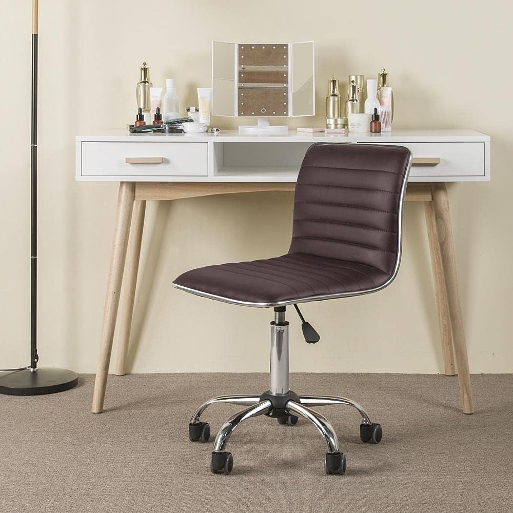 Task Chair Armless Office Chair PU Leather Ribbered Modern Desk Chair Adjustable Low-Back Swivel Chair W/Rolling Wheels Accent Comfy Working Chair Makeup Chair, Brown-3