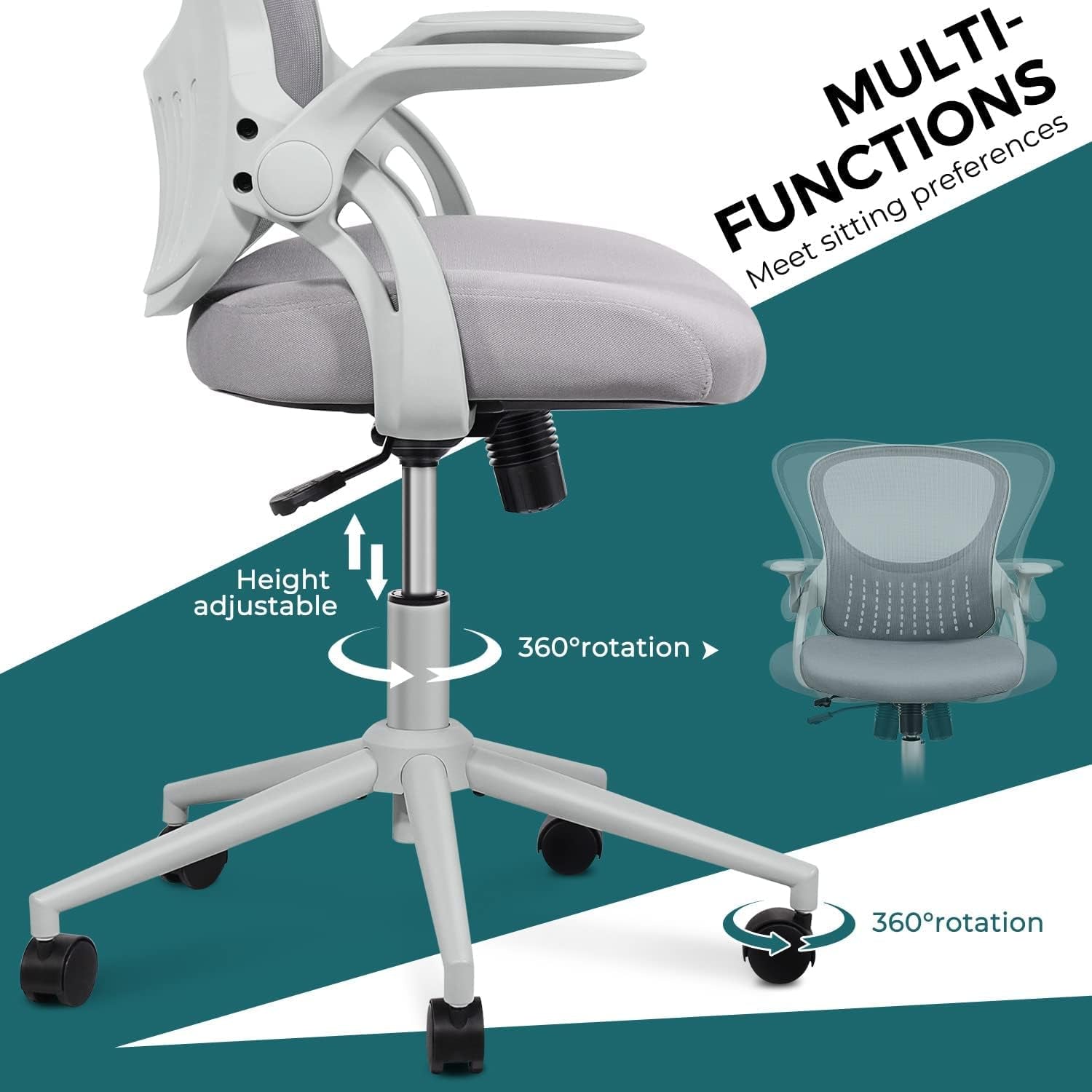 Office Computer Gaming Desk Chair, Ergonomic Mid-Back Mesh Rolling Work Swivel Chairs with Flip-Up Arms, Comfortable Lumbar Support, Comfy Arms for Home, Bedroom, Study, Student, Adults, Grey-4