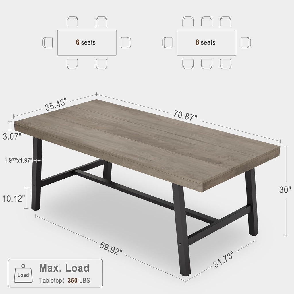 Industrial Dining Table for 6~8 People, 70.87" Long Rectangle Dining Table, Wooden Kitchen Table with Sturdy Metal Frame, Dinner Table, Dining Room Table for Kitchen, Dining Room-Grey-1