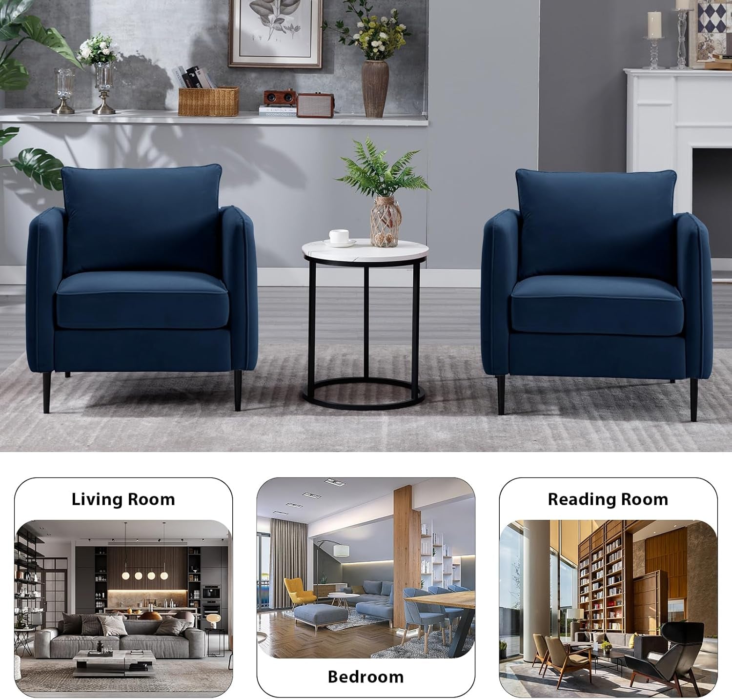 Modern Velvet Accent Chair, Single Sofa Chairs Armchair with Square Arm, Upholstered Accent Chairs for Living Room, Bedroom, Apartment (Navy Chair)-2