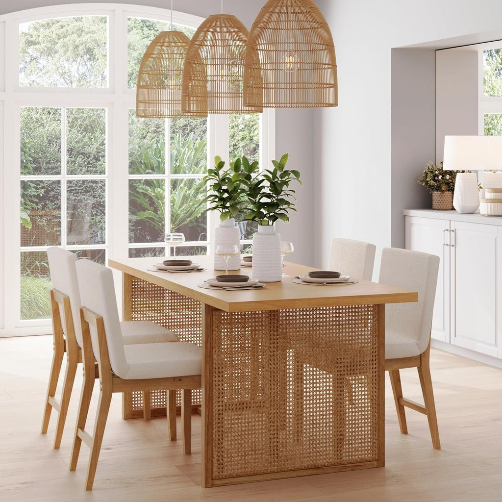 Willow Boho Dining Table for 6 with Solid Wood Legs, 6-Person Natural Wood Dining Table, Warm Pine or Brown Dining Table with Bohemian Rattan Accent-2