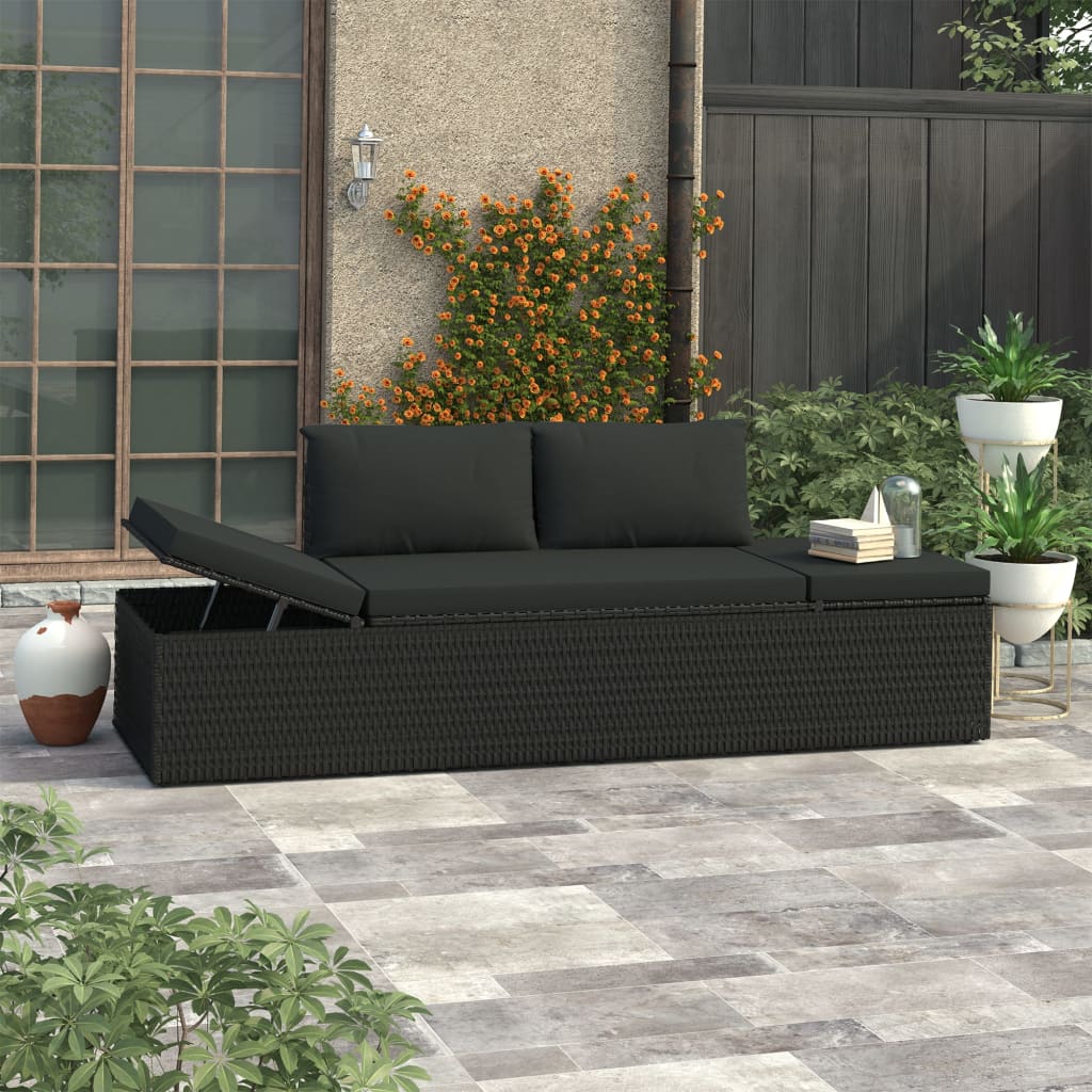 vidaXL Sun Bed with Cushions Poly Rattan Black-0