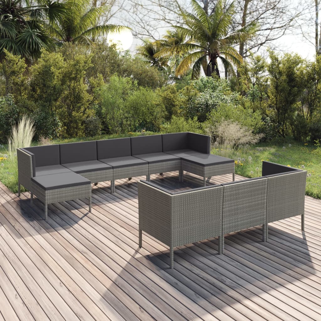 vidaXL 10 Piece Patio Lounge Set with Cushions Poly Rattan Gray-0