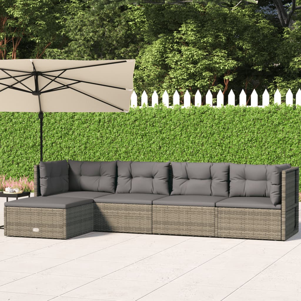 vidaXL 5 Piece Patio Lounge Set with Cushions Gray Poly Rattan-0