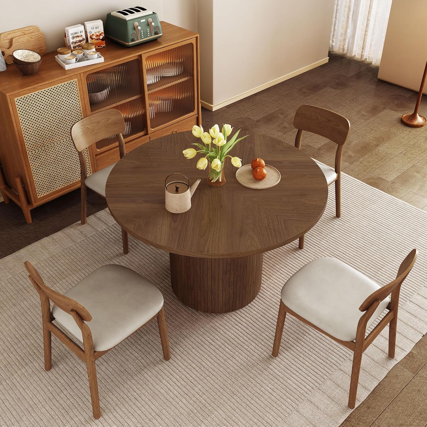 Round Dining Table for 4, Modern Farmhouse Kitchen Table, 47 Inch Small Circle Dining Tables with Wood Strip Base for Kitchen Living Room (Walnut)-2