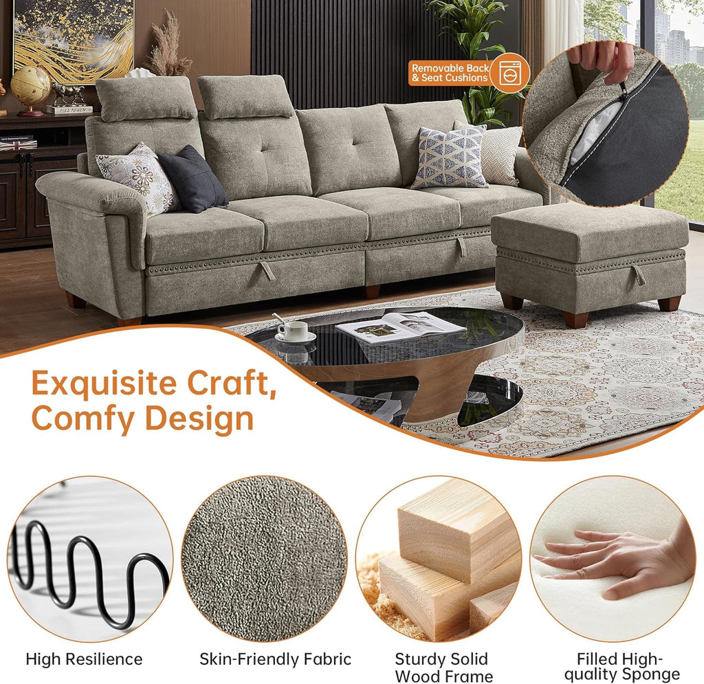 Convertible Sectional Sofa with Storage, 4 Seat L Shaped Couch with Chaise and Cup Holder, Modern Microfiber Fabric Sofas Couches for Living Room, Apartment, Office (Beige)-2