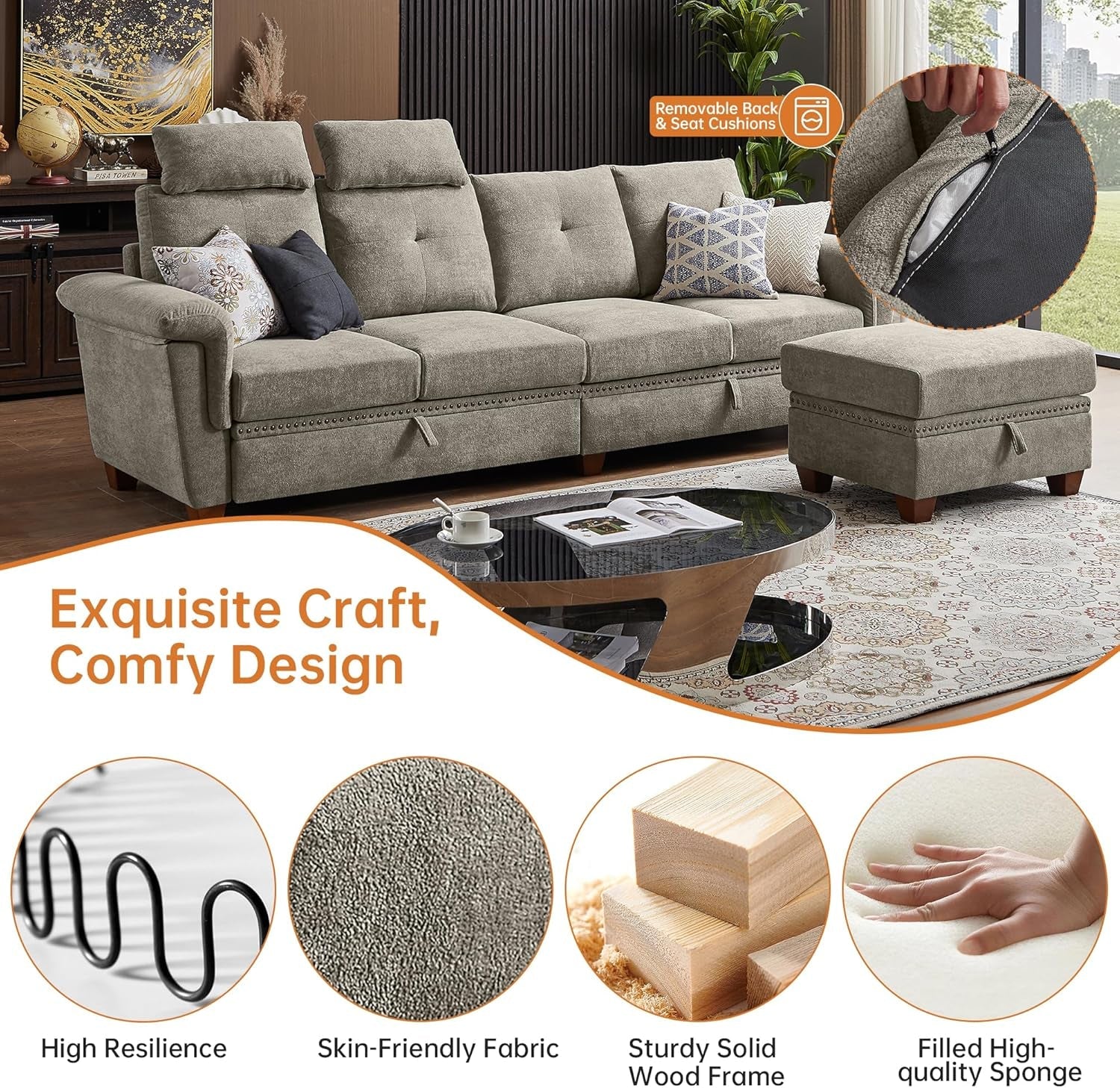 Convertible Sectional Sofa with Storage, 4 Seat L Shaped Couch with Chaise and Cup Holder, Modern Microfiber Fabric Sofas Couches for Living Room, Apartment, Office (Beige)-2