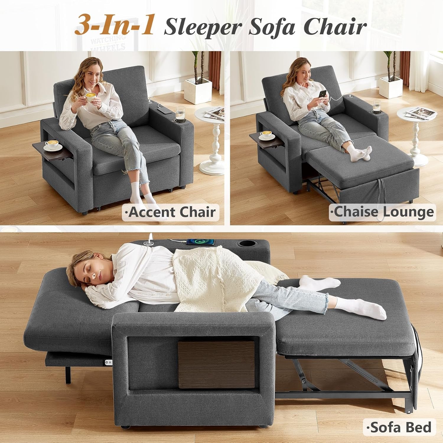 3 In 1 Sleeper Sofa Chair Bed With USB Ports-2