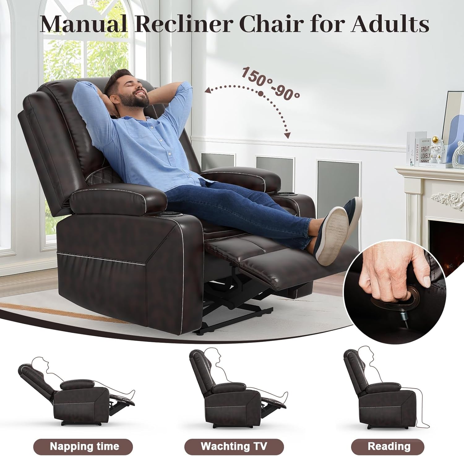 Grey Leather Reclining Loveseat Set Console, 2 Chairs-4