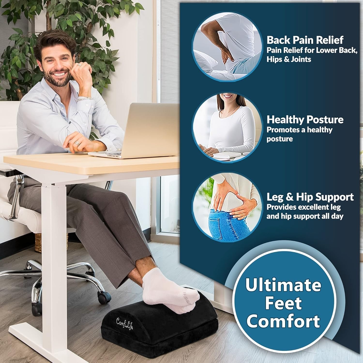 Ergonomic under Desk Foot Rest for Office Use – Adjustable Height Memory Foam Foot Stool under Desk for Office Chair & Gaming Chair – for Back & Hip Pain Relief (Black)-2