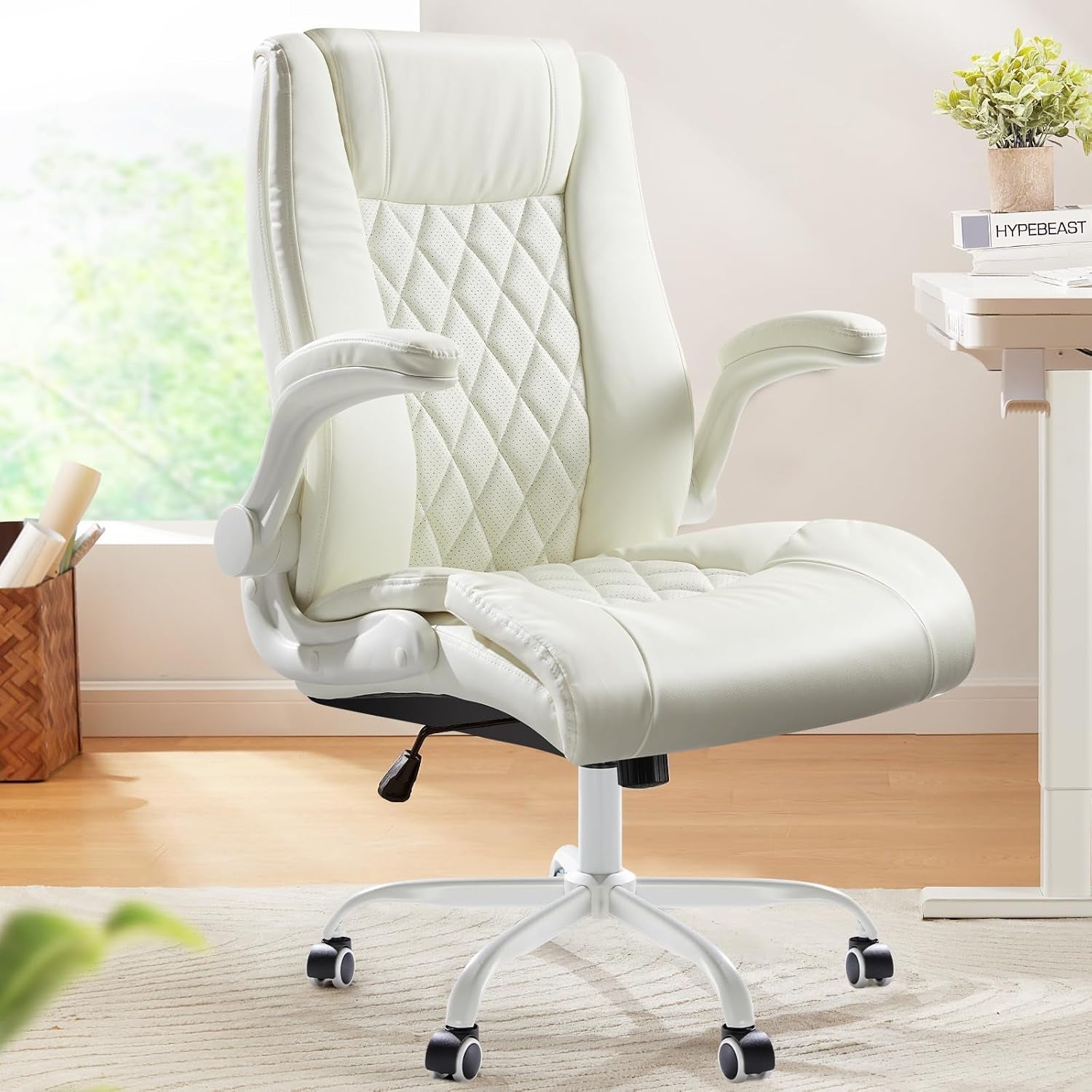 Executive Office Chair with Flip-Up Armrests,Pu Leather Ergonomic Desk Chair Height-Adjustable Swivel Rolling Computer Desk Chair-0