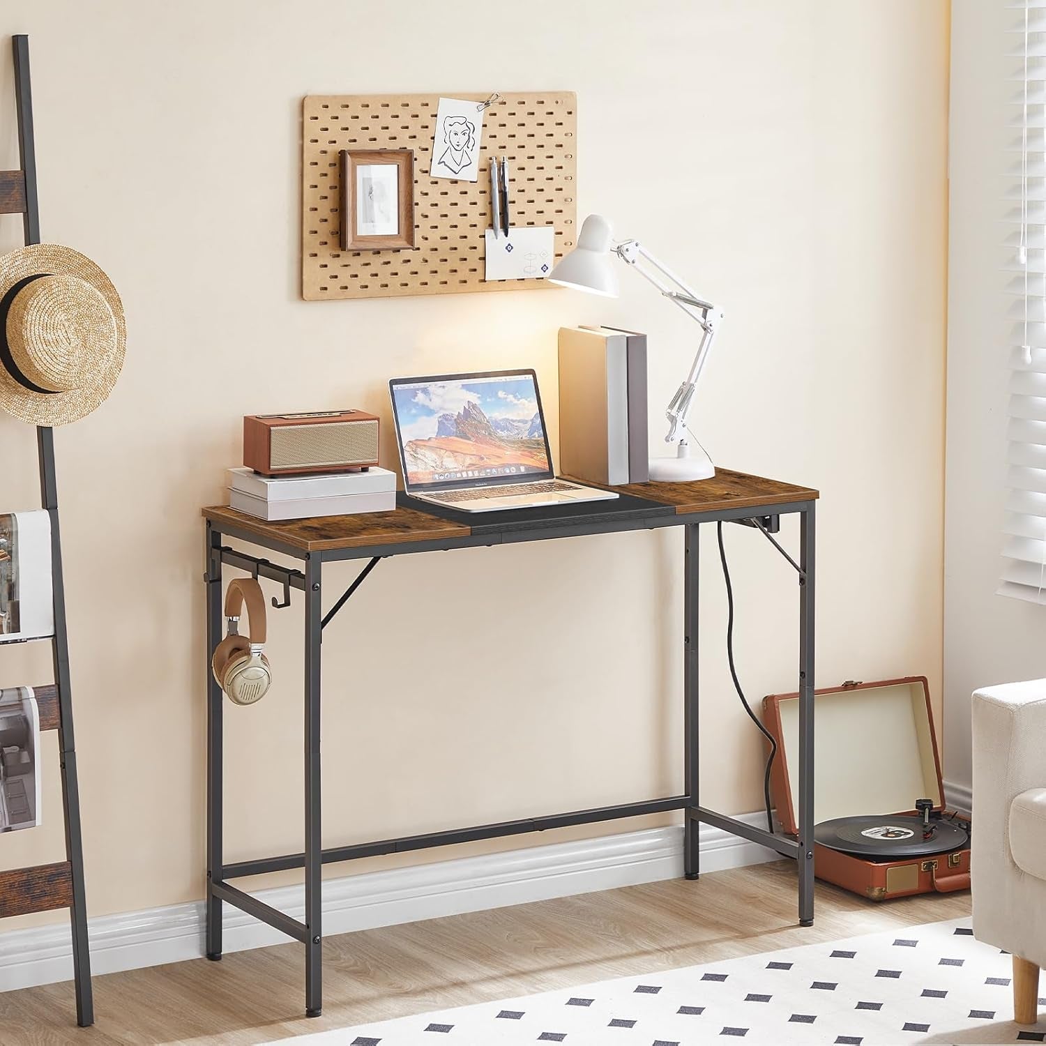 Computer Desk, Home Office Desk with Power Outlet, Modern Study Writing Desk with 3 Hooks for Study Room, Home Office, Sturdy and Stable, Easy to Assemble, Rustic Brown and Black BF41UDN01-4