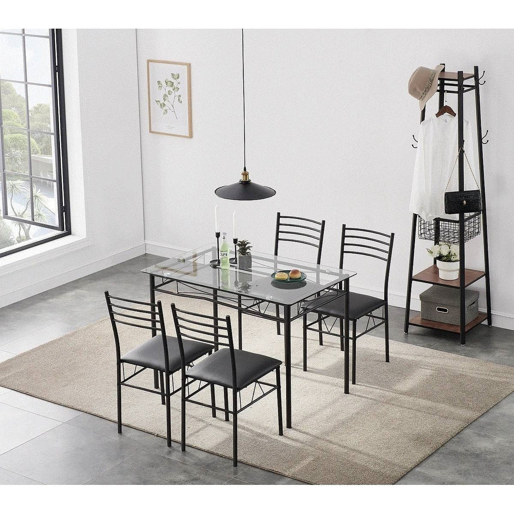 Black 5-Piece Dining Set with Rectangular Glass-Top Table and 4 Chairs-0