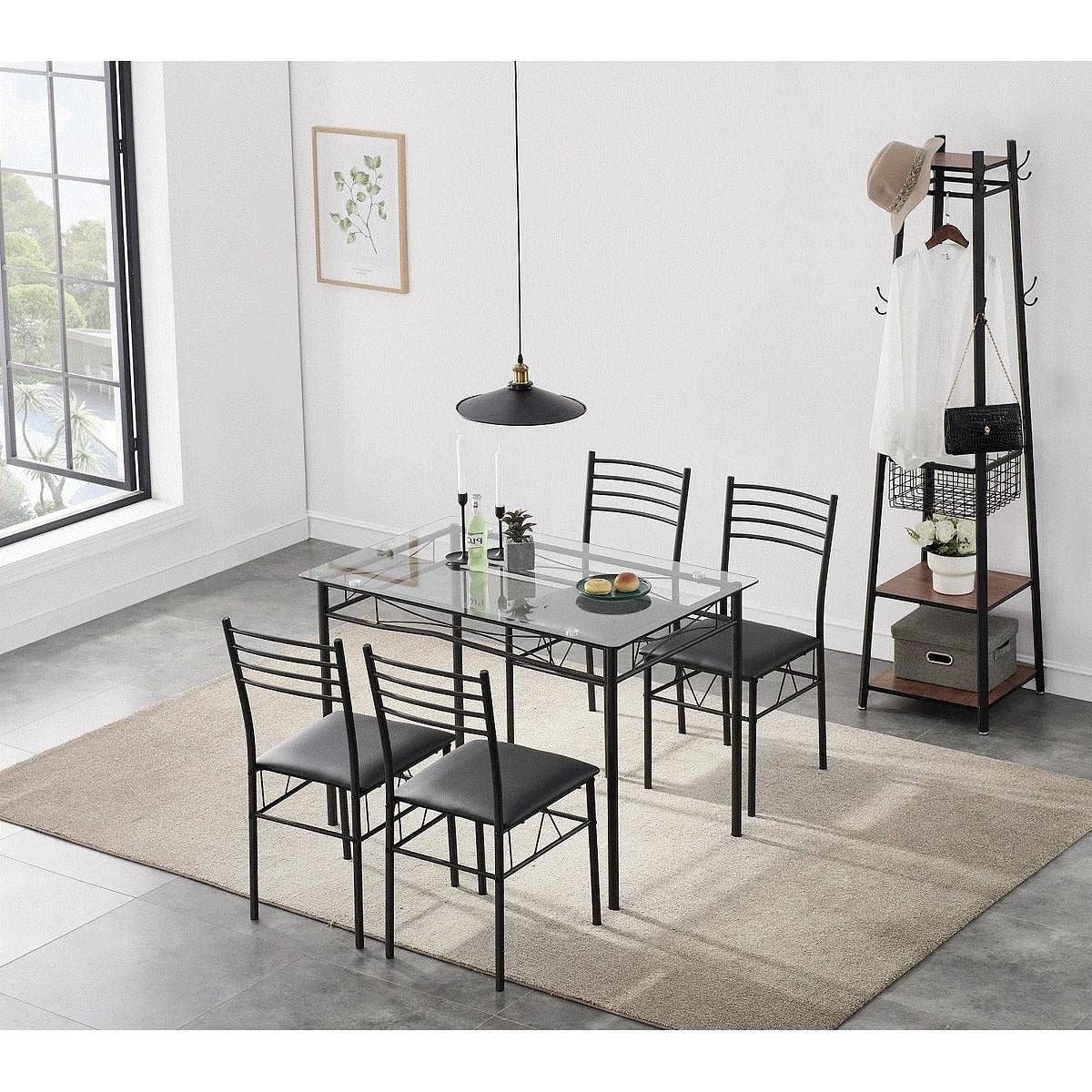 Black 5-Piece Dining Set with Rectangular Glass-Top Table and 4 Chairs-0