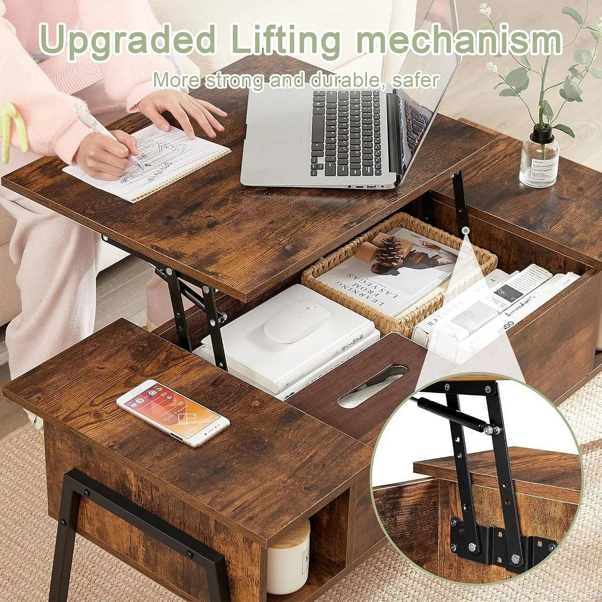 Modern Lift-Top Coffee Table Laptop Desk with Storage Shelf in Brown Wood Finish-0