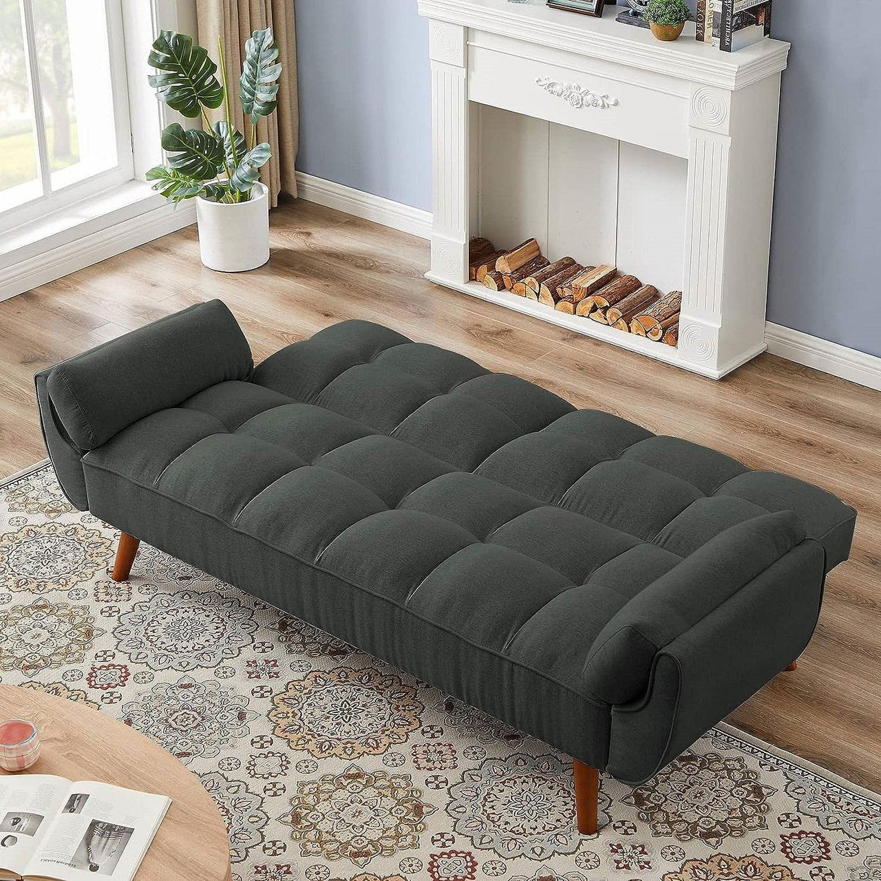 Mid-Century Modern Sofa Bed in Dark Grey Linen Polyester Tufted Upholstery-0