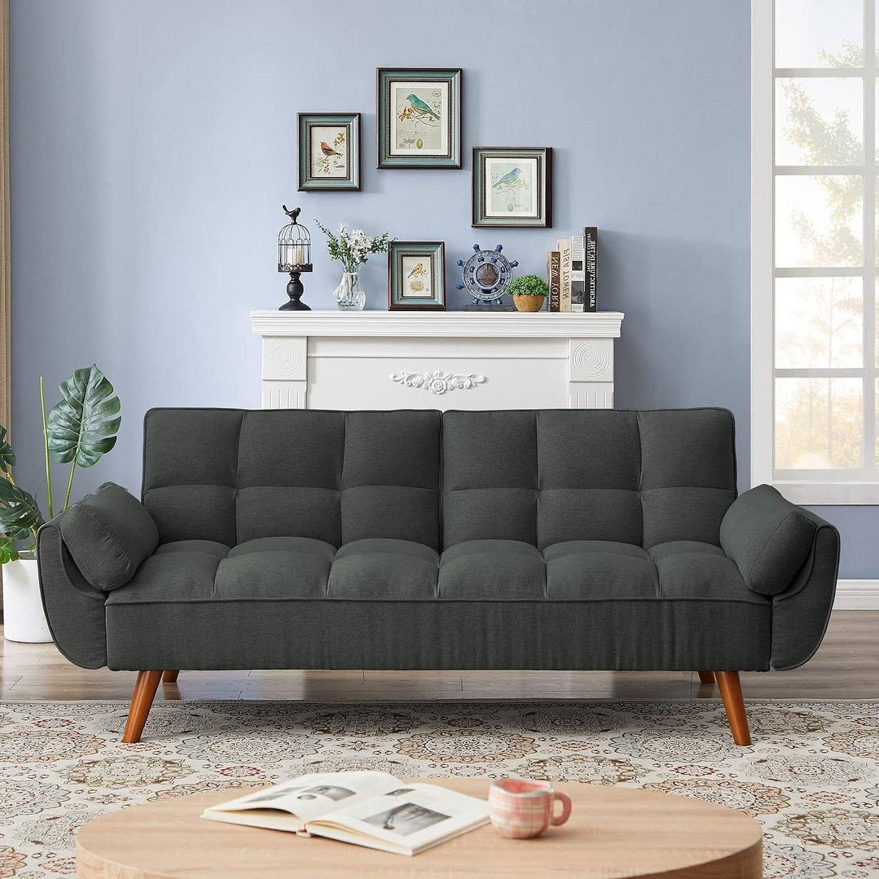 Mid-Century Modern Sofa Bed in Dark Grey Linen Polyester Tufted Upholstery-1