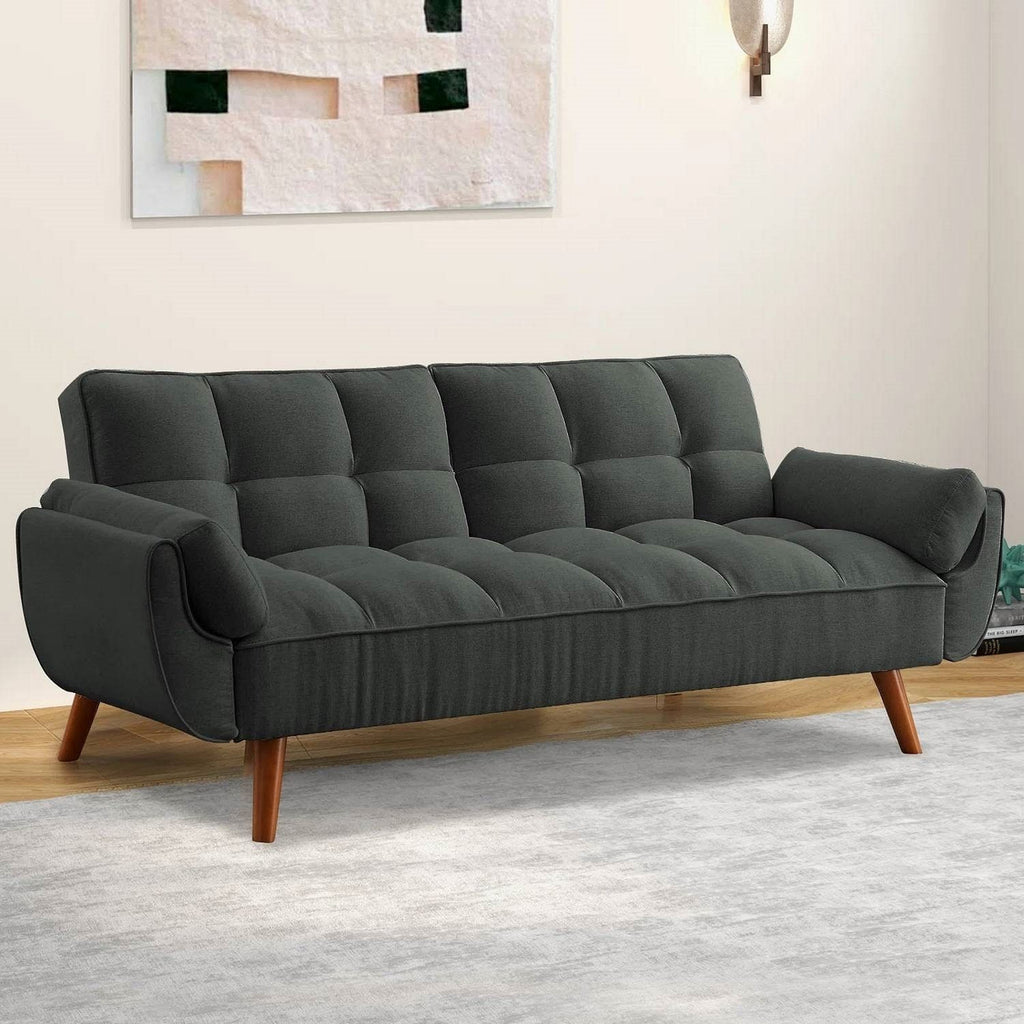 Mid-Century Modern Sofa Bed in Dark Grey Linen Polyester Tufted Upholstery-2