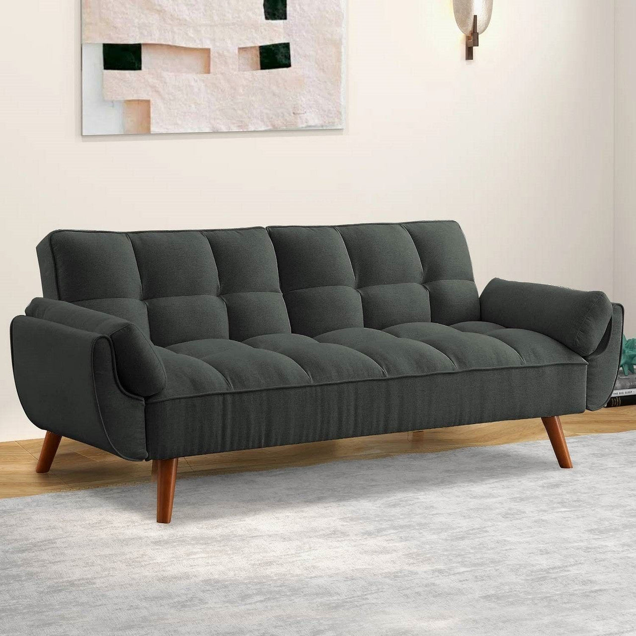 Mid-Century Modern Sofa Bed in Dark Grey Linen Polyester Tufted Upholstery-2
