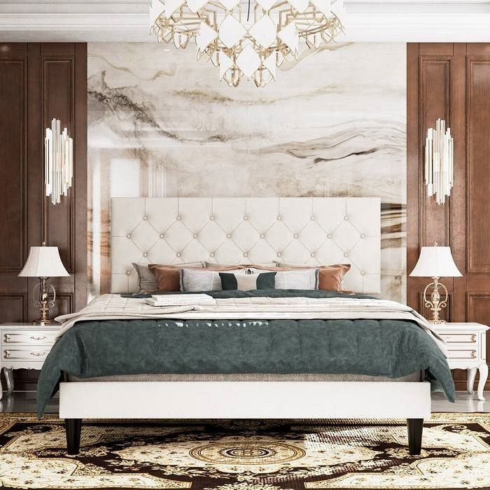 Queen White Faux Leather Upholstered Platform Bed with Button-Tufted Headboard-2