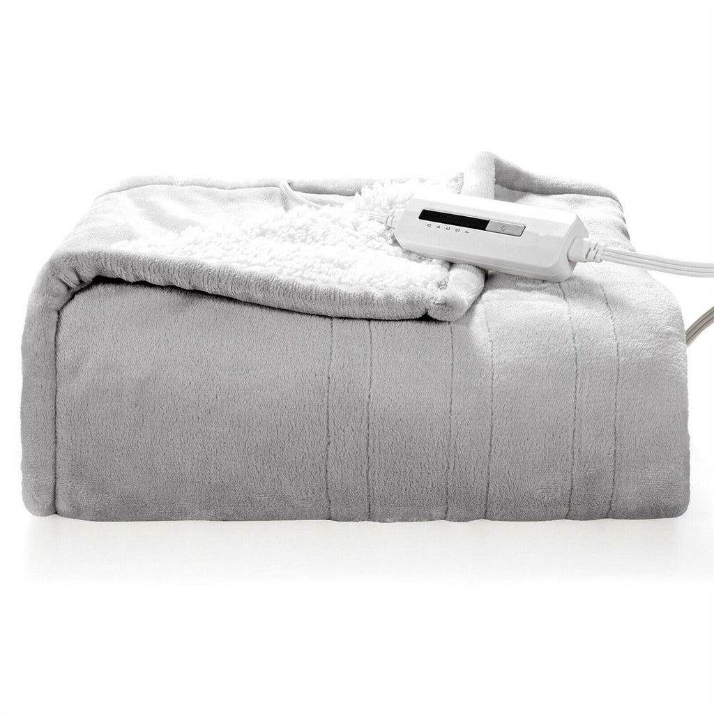 Heated Electric Sherpa Throw Blanket in Grey/White-2