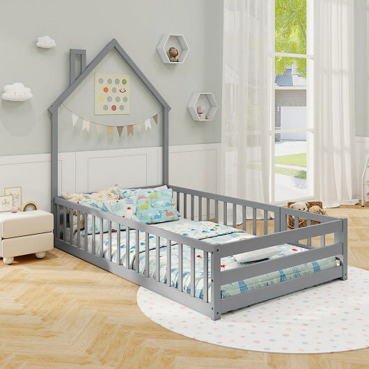 Twin Size Montessori Floor Bed with Lockable Door and Full-Length Guardrail-Gray-3