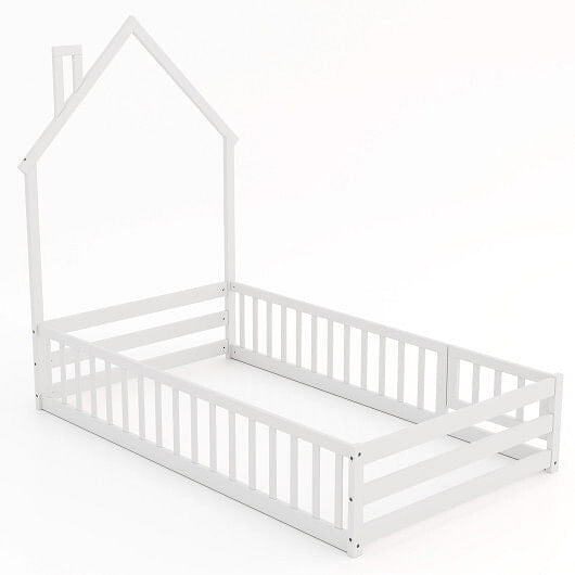Twin Size Montessori Floor Bed with Lockable Door and Full-Length Guardrail-Gray-1