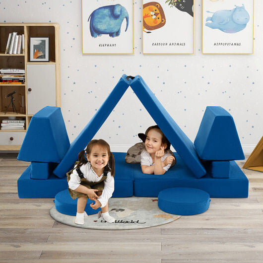 10-Piece Kids Play Couch Sofa with Portable Handle-Blue-0