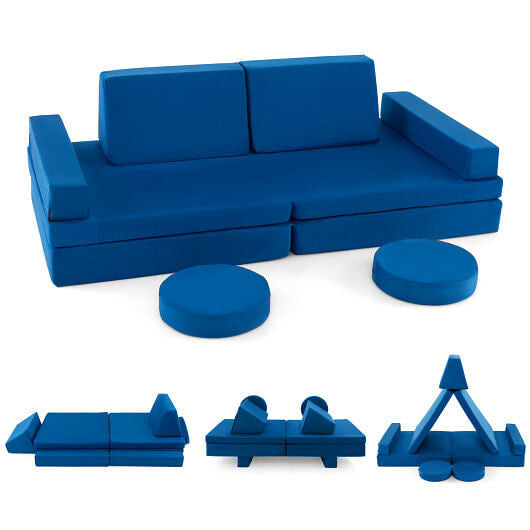 10-Piece Kids Play Couch Sofa with Portable Handle-Blue-2
