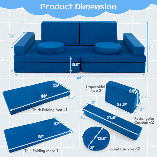 10-Piece Kids Play Couch Sofa with Portable Handle-Blue-3