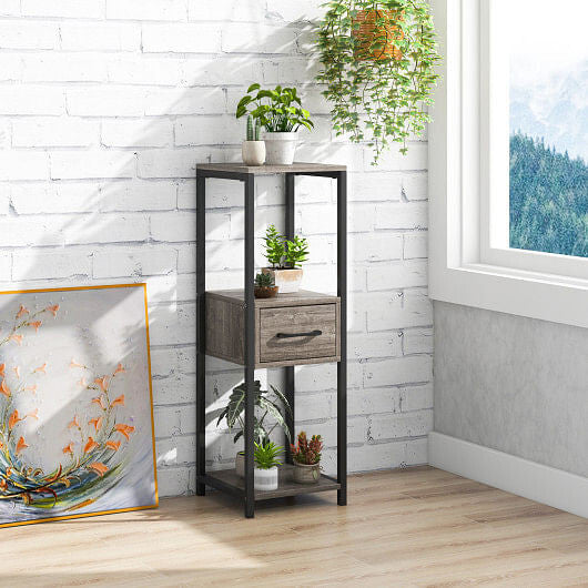 3 Tier Tall Metal Plant Stand with Drawer for Balcony Office-Gray-0
