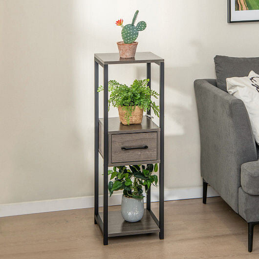 3 Tier Tall Metal Plant Stand with Drawer for Balcony Office-Gray-1