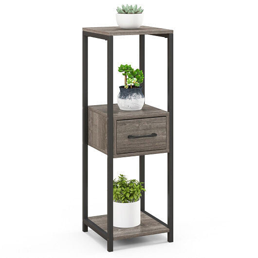 3 Tier Tall Metal Plant Stand with Drawer for Balcony Office-Gray-4