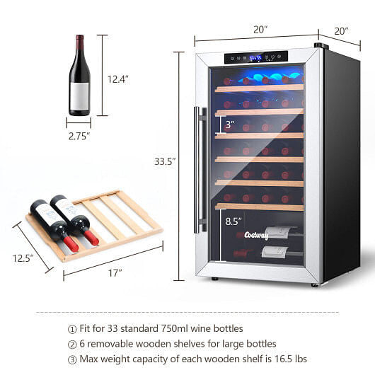 20 Inch Wine Refrigerator for 33 Bottles and Tempered Glass Door-Silver-3