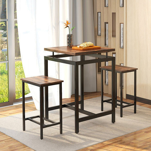 3 Pieces Pub Dining Table Set with Floating Tabletop and Footrest-Rustic Brown-0