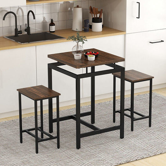 3 Pieces Pub Dining Table Set with Floating Tabletop and Footrest-Rustic Brown-1